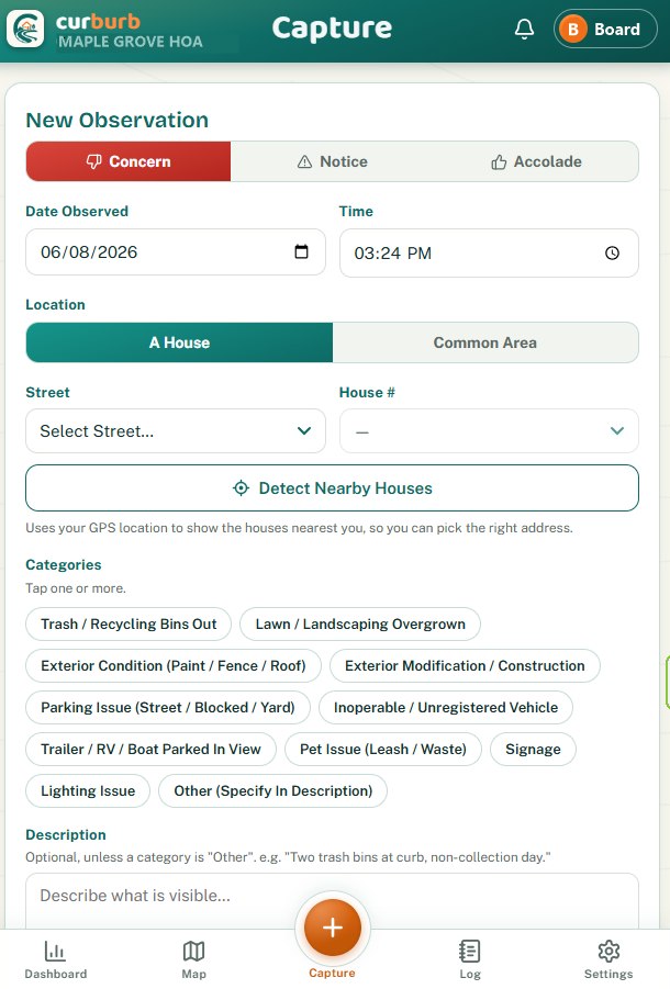 Reporting a concern, notice, or accolade in the Curburb app